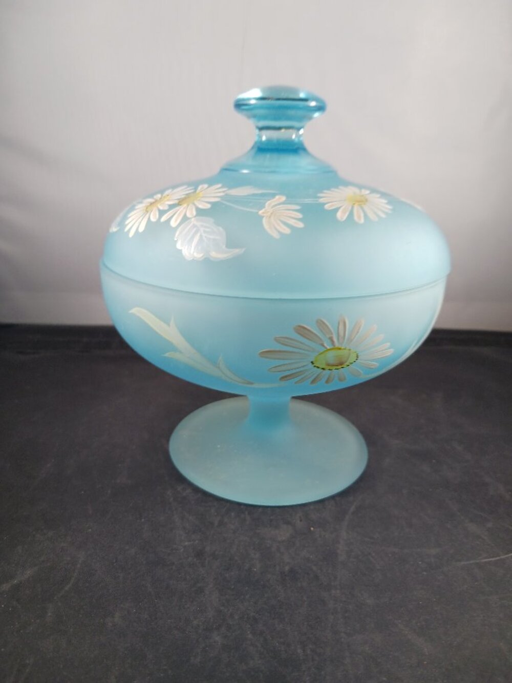 Vintage Westmoreland Blue Satin Lidded Candy Dish Painted Flowers